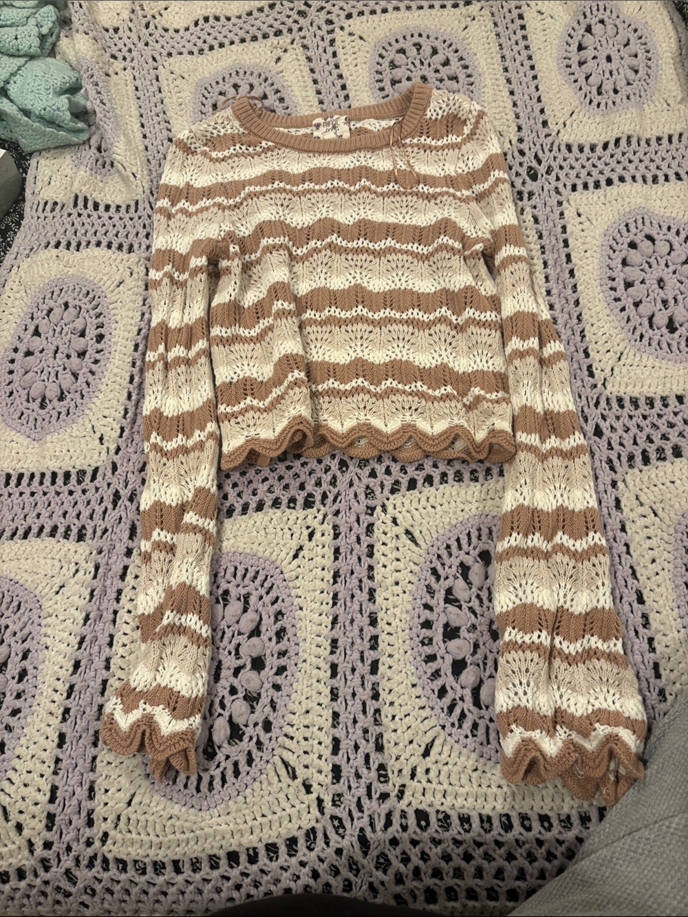 Hippie Rose Striped Crochet Crewneck Sweater - Cream & Tan